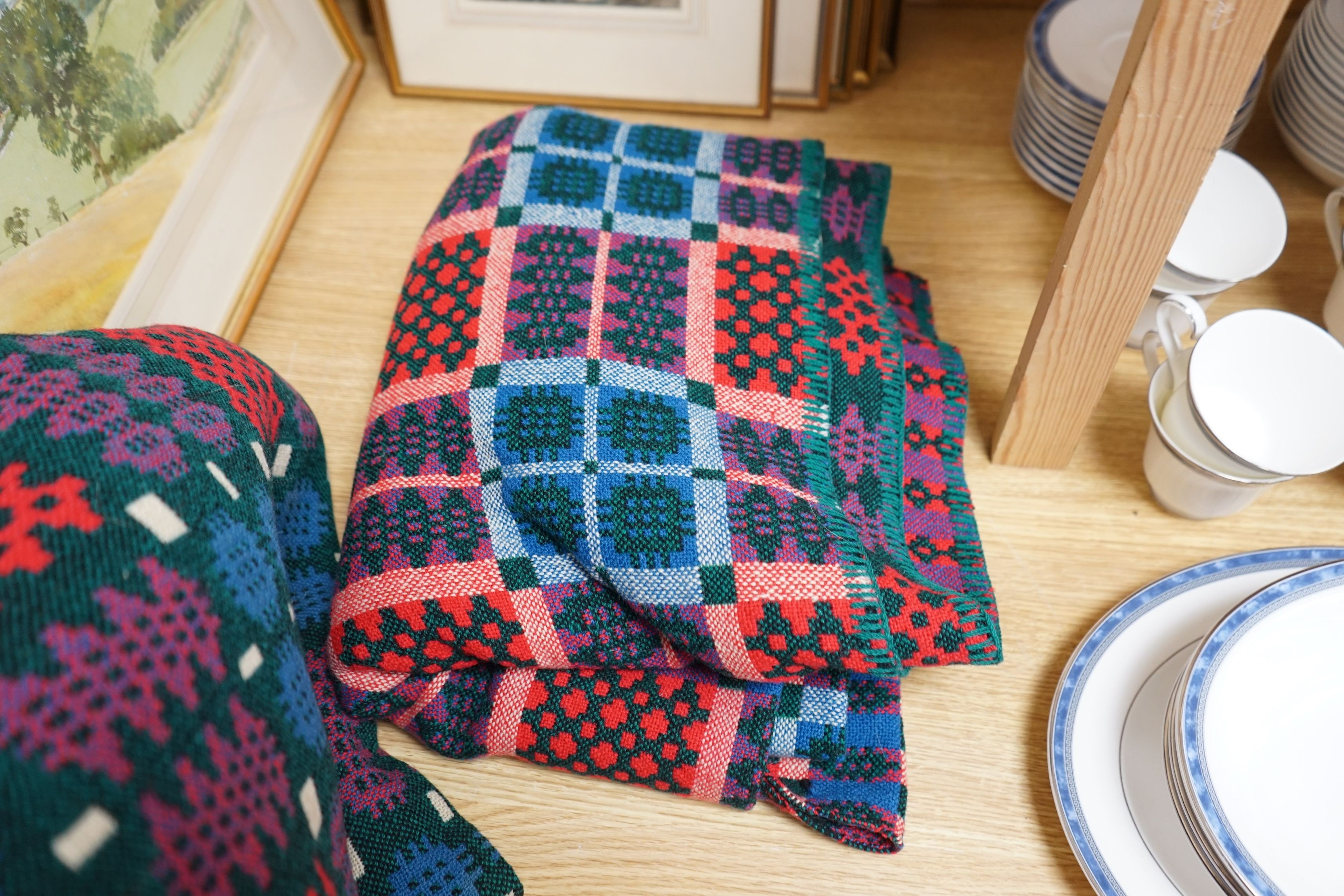 Two 20th century Welsh woven wool blankets, both with reversible weave pattern, 190cms long x 115cms wide